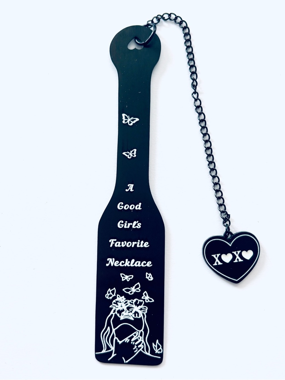 Black 'A Good Girl's Favorite Necklace' Heart Charm Paddle Metal Bookmark, NWT